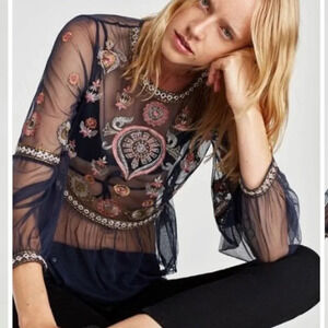 Zara Navy Blue Embroidered Long Sleeve Boho Top Size Small